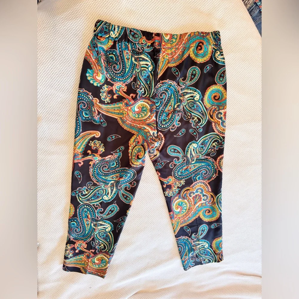 J. CREW 100% Silk Pull-On Pants Black Gold Blue Red Paisley w Pockets